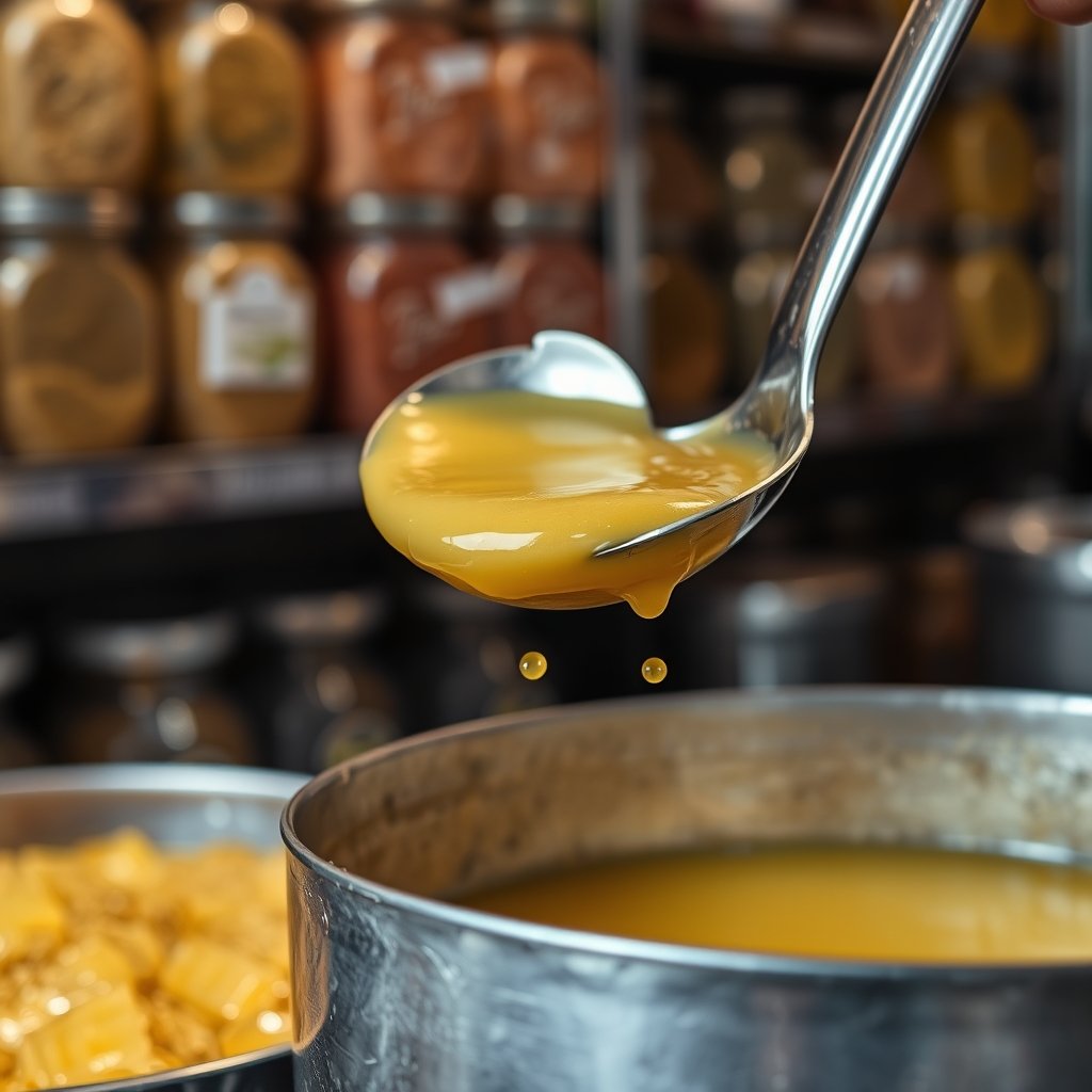 A shopkeeper ladling golden grainy ghee from a large metal container at a Delhi counter