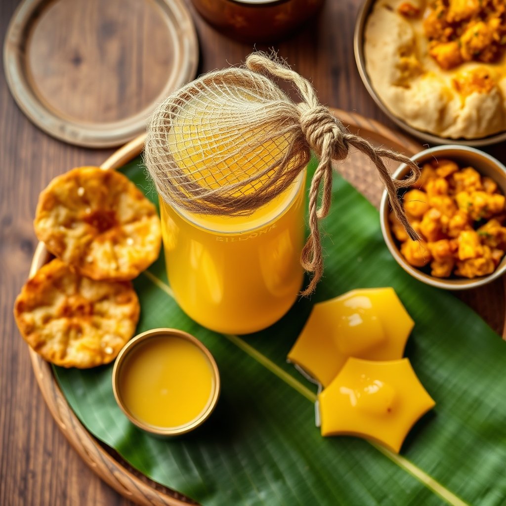 A jar of golden A2 Gir cow ghee kept next to a plate of traditional Navratri fasting food like sabudana khichdi and kuttu puria