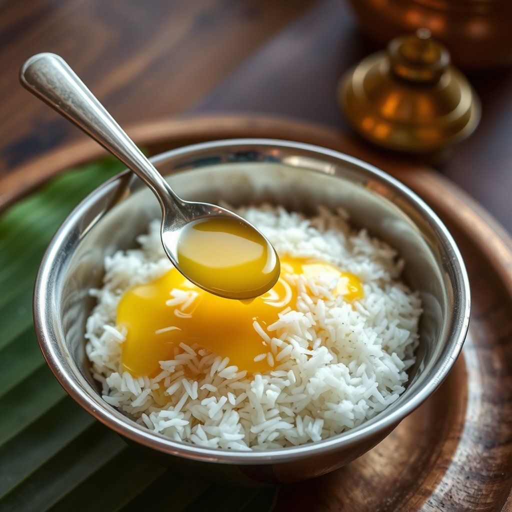 A small traditional silver bowl of soft rice mixed with golden bilona ghee alongside a wooden spoon