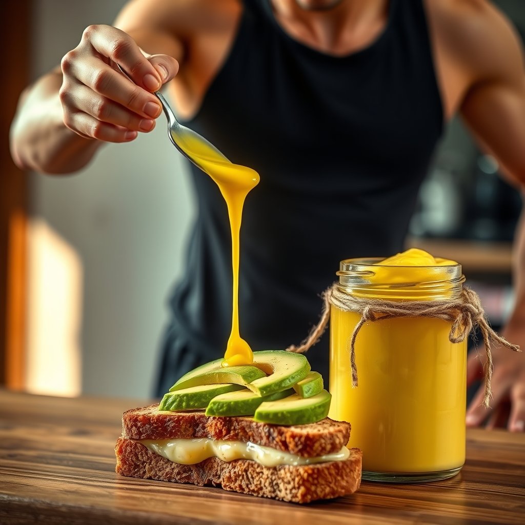 A jar of golden A2 Gir cow ghee next to a bowl of traditional Indian dal and rotis, representing a balanced meal for physical activity.