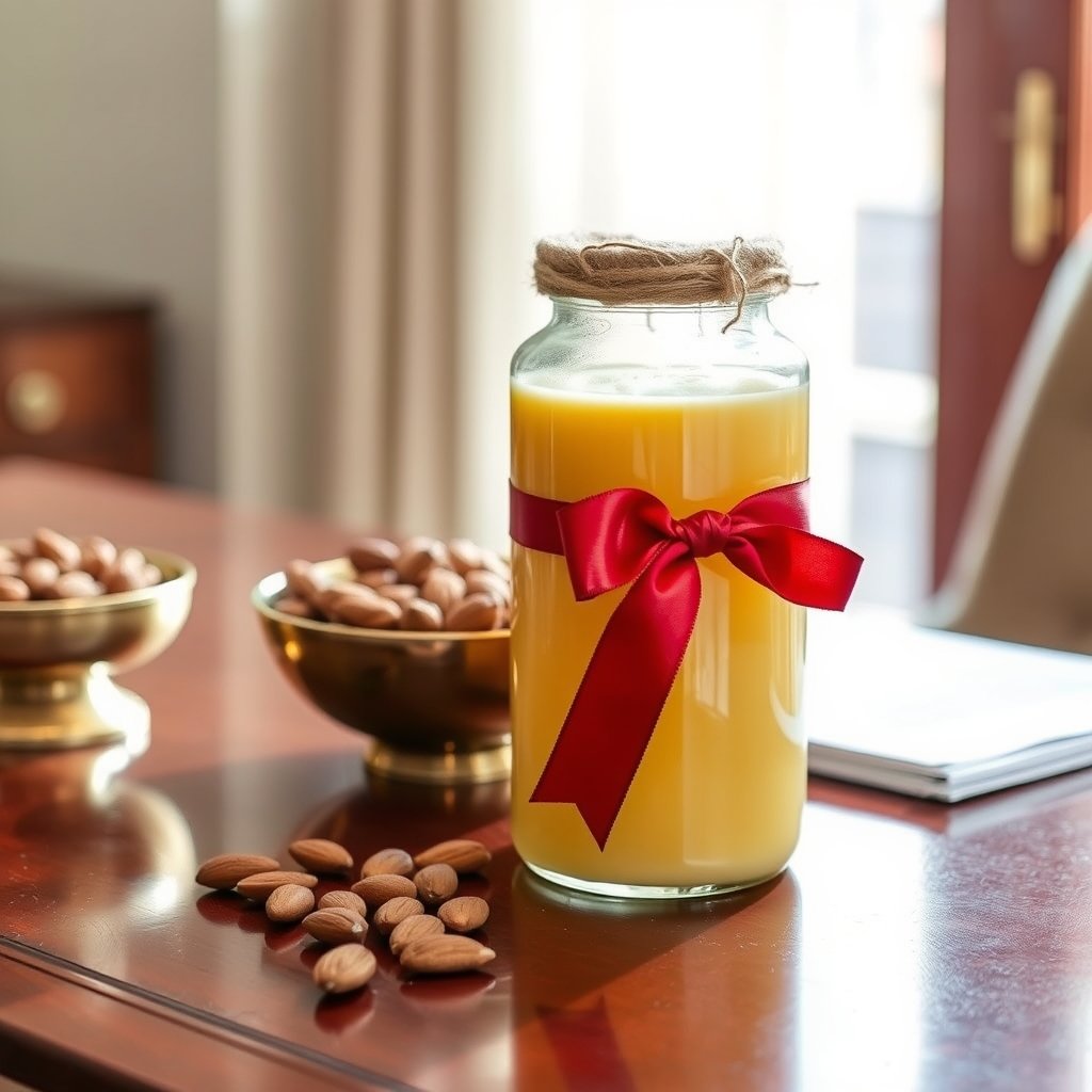 A rich golden jar of traditional A2 bilona ghee presented in a corporate gift box on a wooden desk