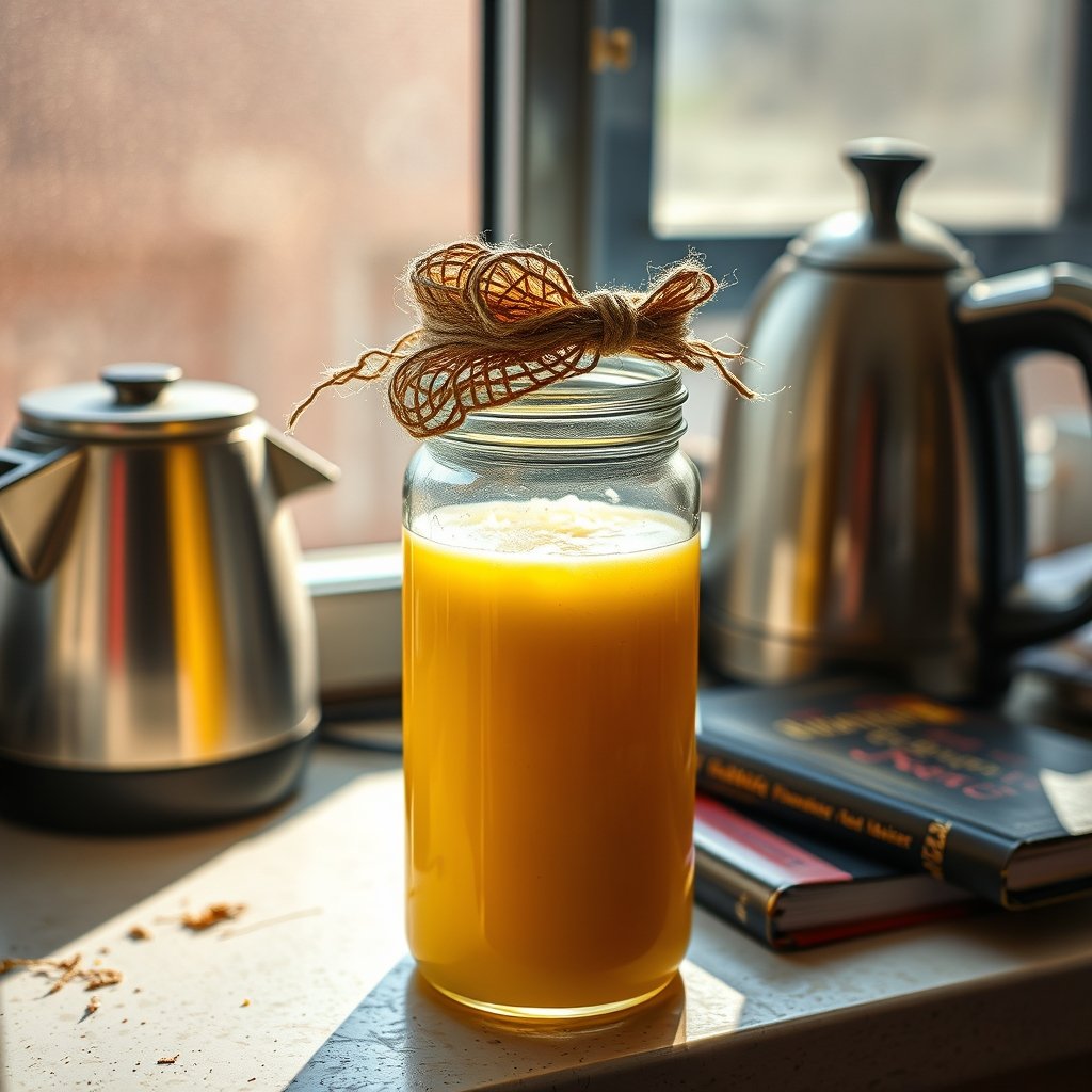 A 500ml glass jar of grainy A2 bilona ghee sitting on a small wooden kitchen shelf next to a stack of steel plates.