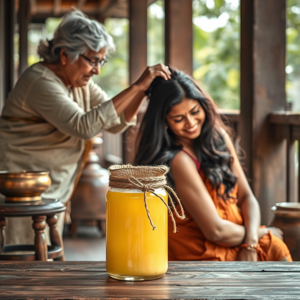 A wooden bowl of warm liquid ghee beside traditional herbal hair care ingredients on a marble surface