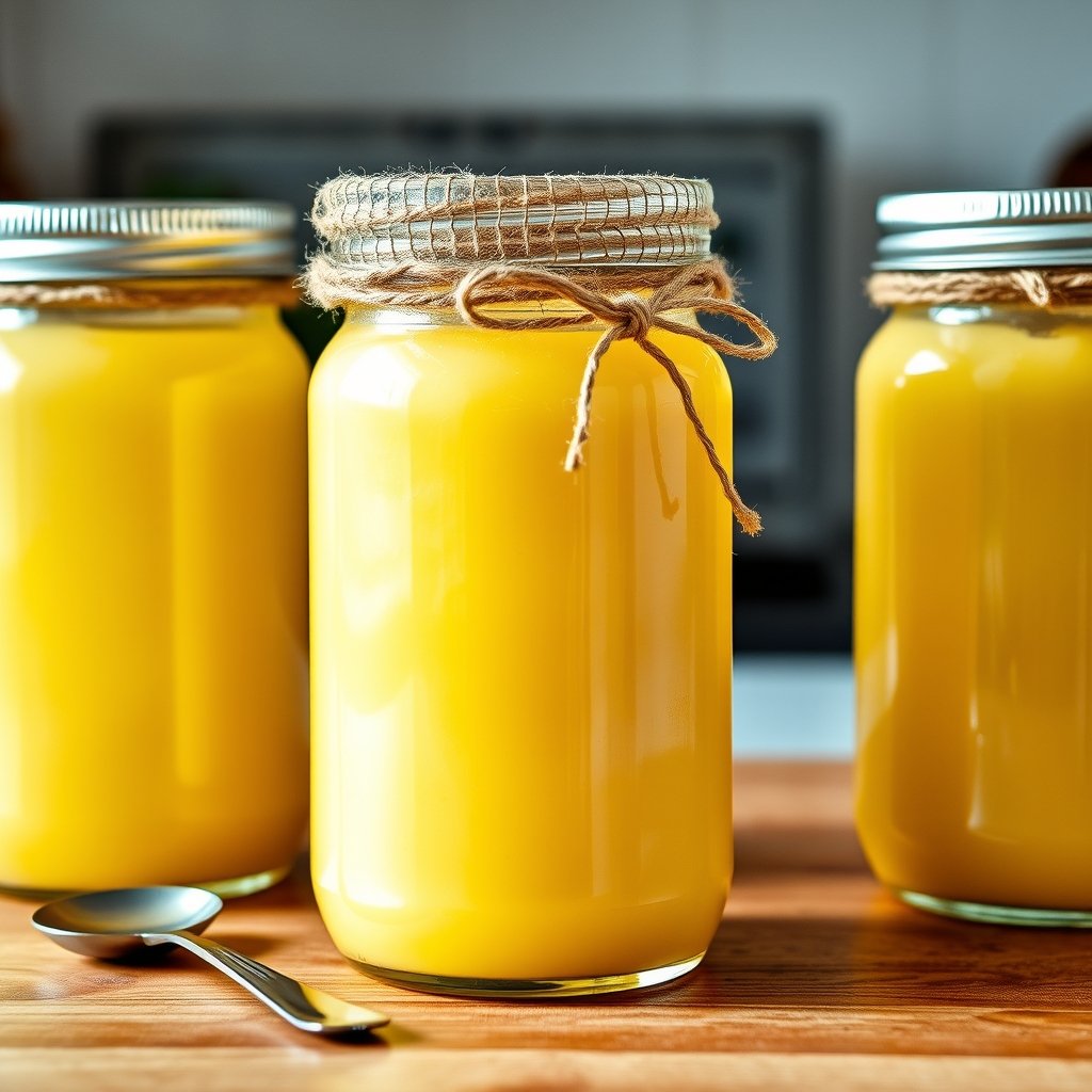 Rows of amber glass jars of A2 bilona ghee arranged on a wooden kitchen pantry shelf
