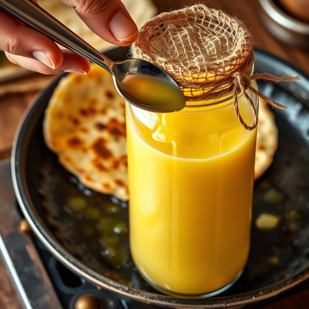 A golden-brown paratha roasting on an iron tawa with a spoonful of melting A2 Gir cow ghee