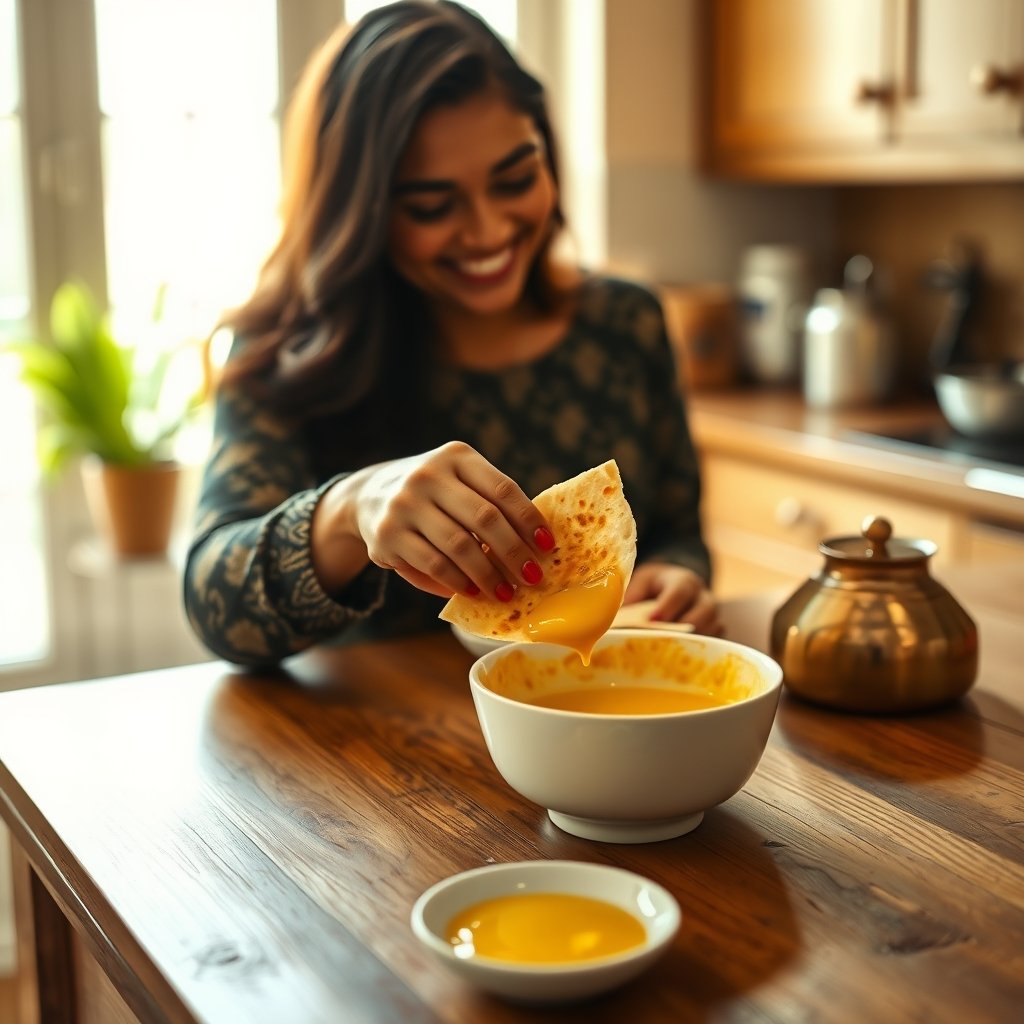 A warm spoon pouring clear golden bilona ghee over a bowl of steamed rice, showing its clarified texture