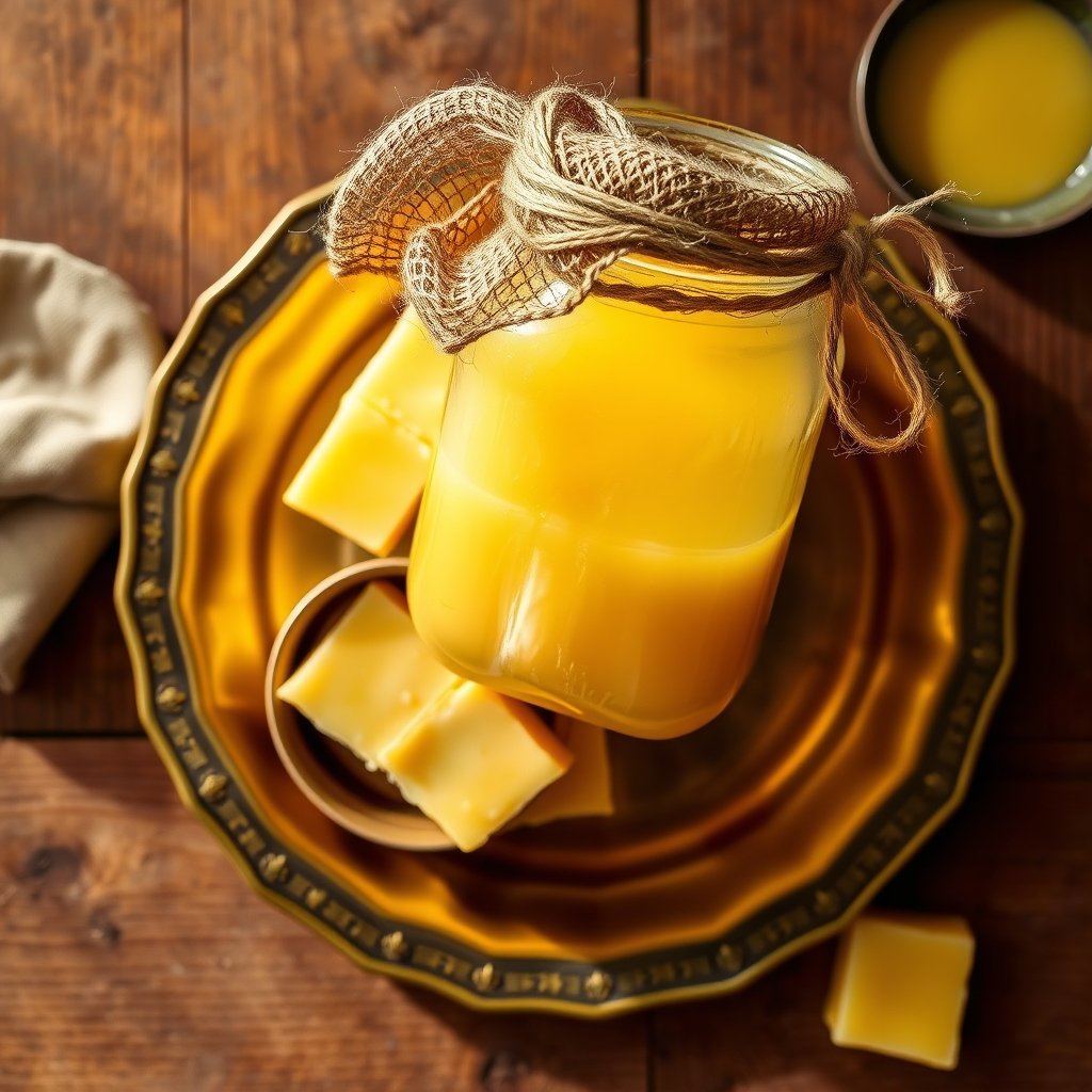 A brass plate arranged with fresh barfi, pedas, and honeycomb Mysore Pak beside a jar of golden A2 bilona ghee