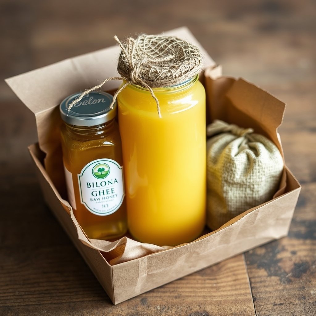 Glass jar of golden A2 bilona ghee arranged neatly in a gift box with a pouch of heirloom rice and block jaggery