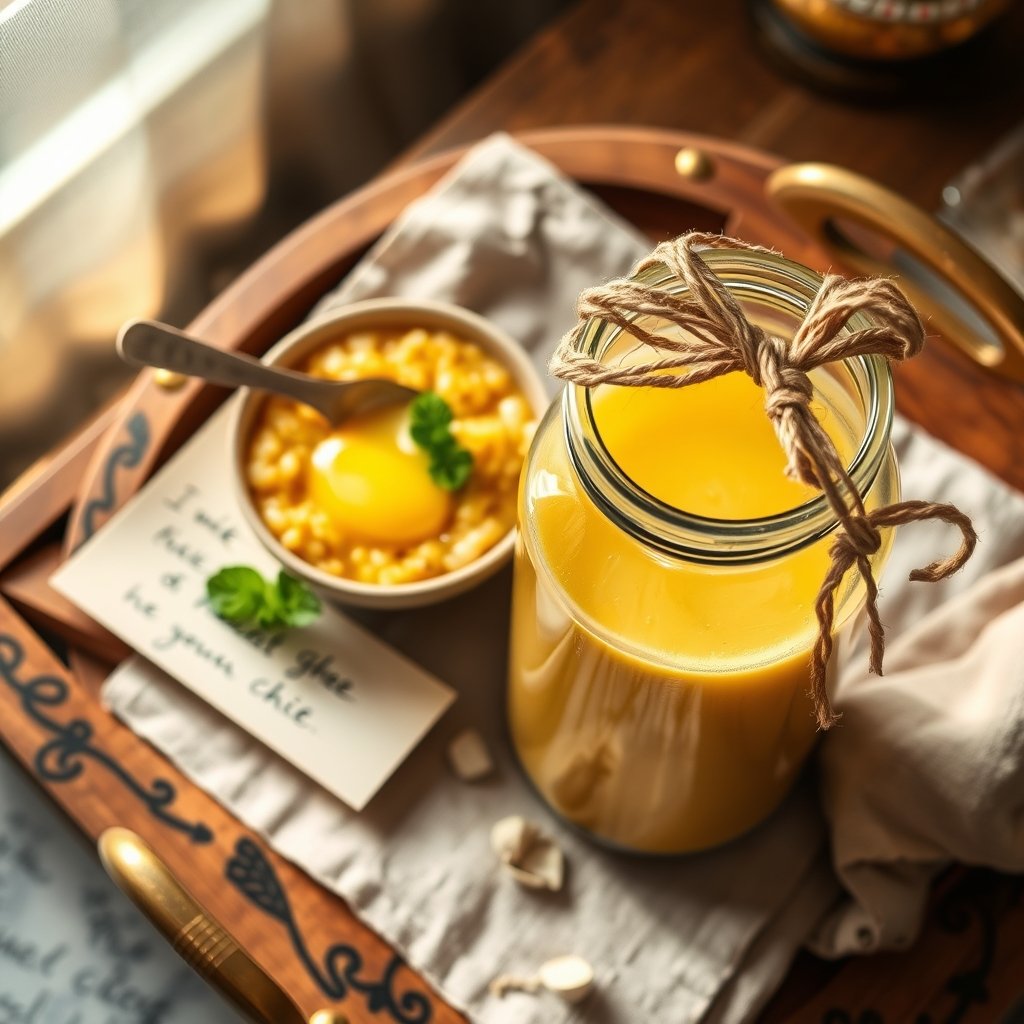 A glass jar of golden granular bilona ghee sitting inside a woven gift basket with whole spices and dry fruits