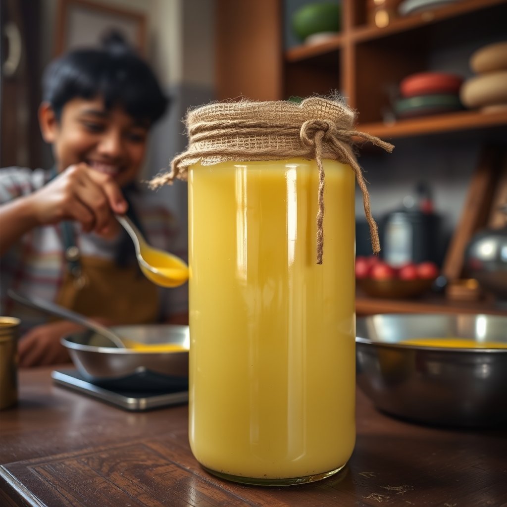 A small jar of A2 Gir cow ghee next to a simple bowl of rice and lentils in a minimalist student kitchen.