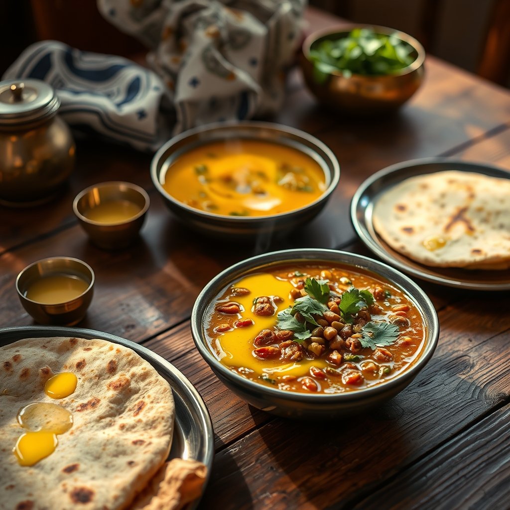 A brass bowl of golden A2 bilona ghee sitting beside fresh rotis and cooked lentils