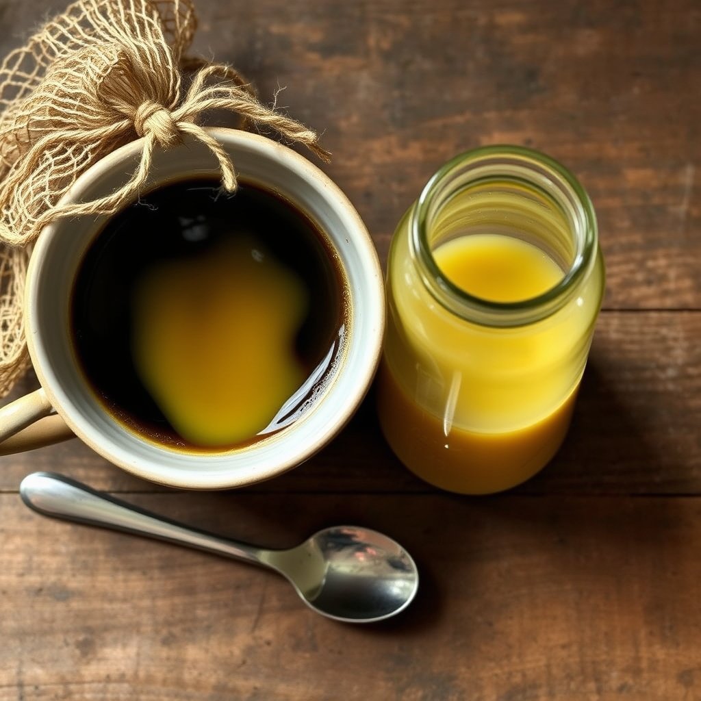 A golden drop of bilona ghee on a small spoon held over a frothy cup of freshly blended morning coffee.