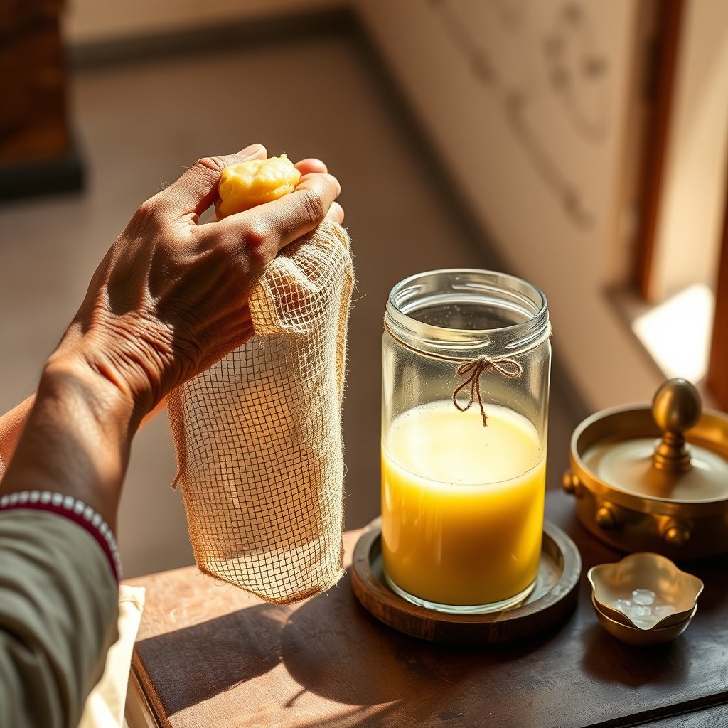 A small glass jar of traditional golden A2 Gir cow bilona ghee placed next to a small wooden spoon on a natural stone surface