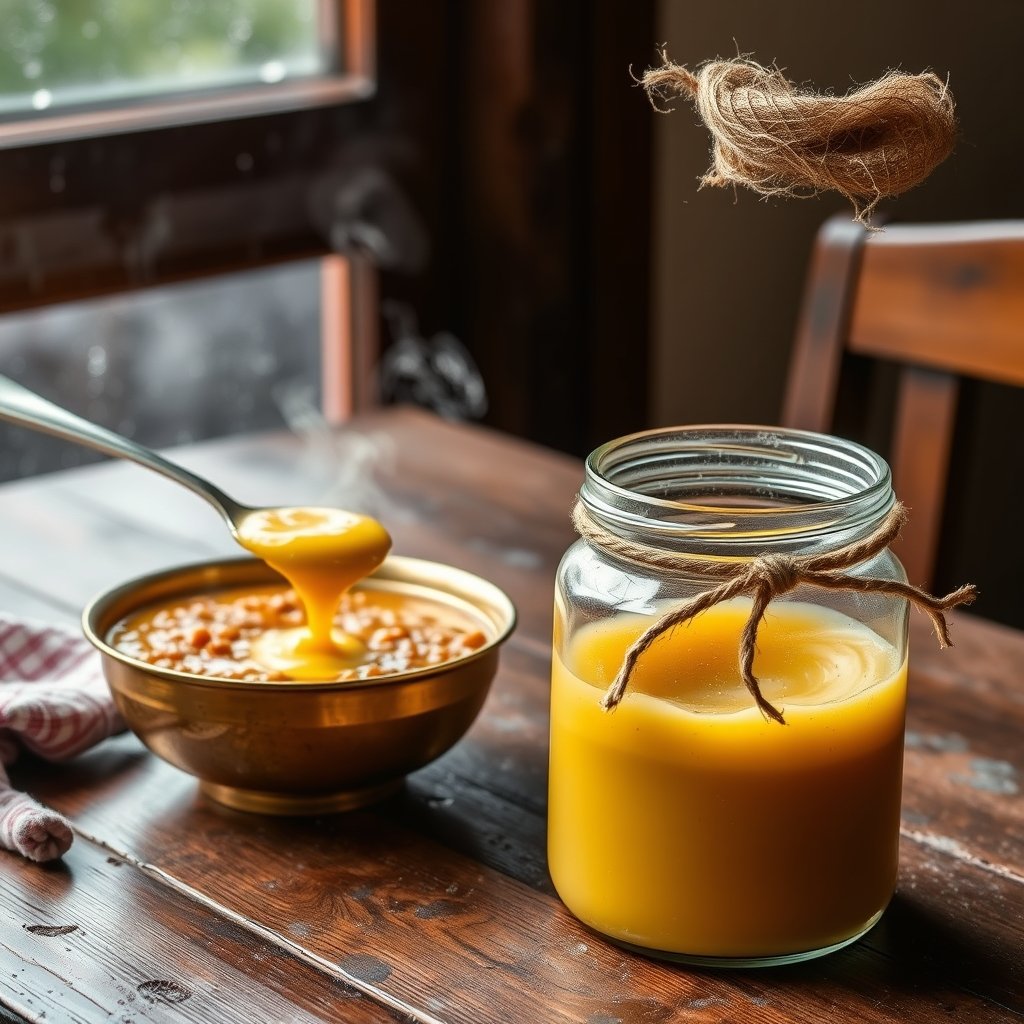 A golden spoonful of grainy bilona ghee being drizzled over a steaming bowl of yellow dal khichdi during a rainy day.
