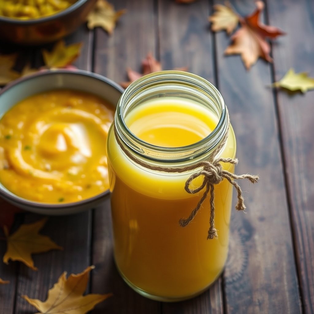 A jar of golden bilona ghee resting on a traditional wooden kitchen counter surrounded by seasonal spices.