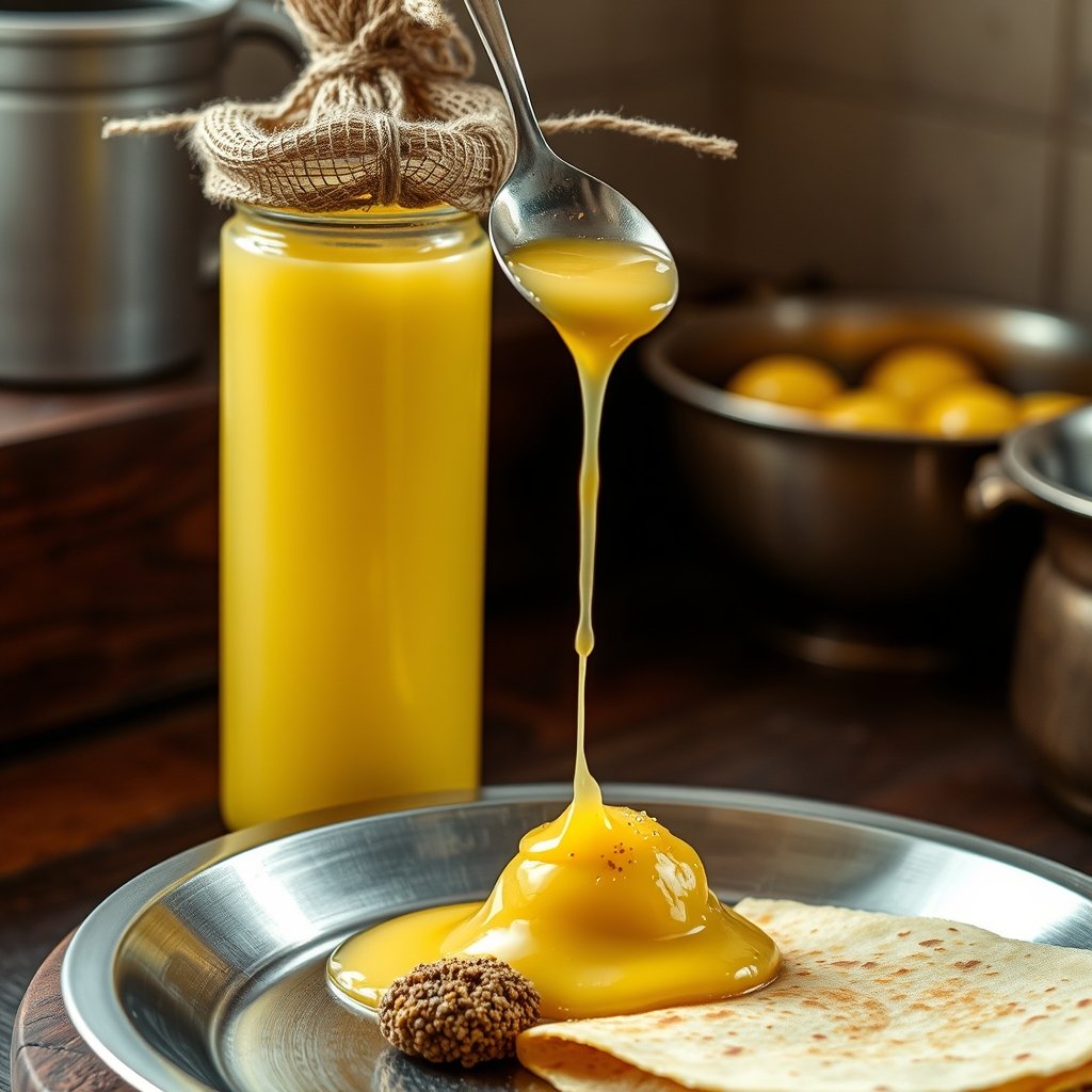 A ladle pouring clear golden bilona ghee over hot ven pongal garnished with fried cashews and curry leaves