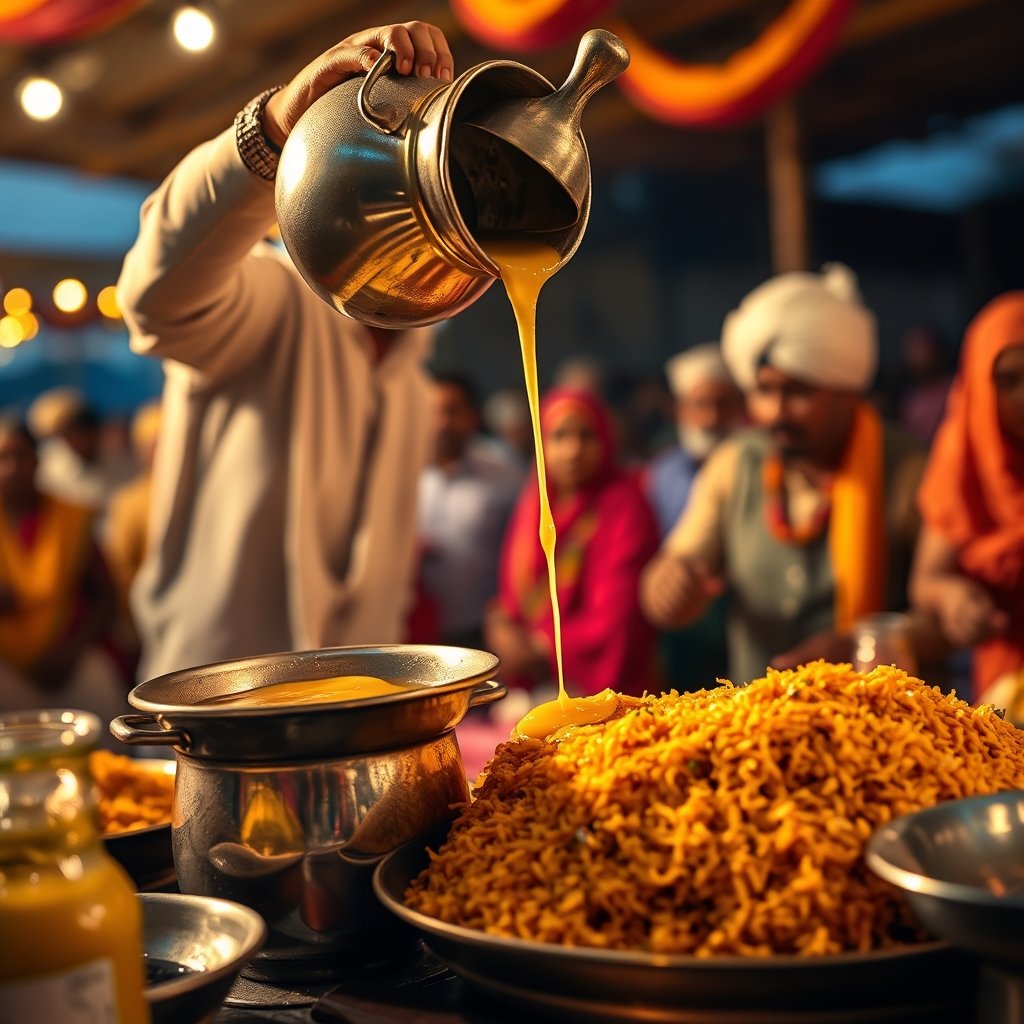 Large traditional brass kadai with fragrant ghee being stirred by a halwai in a festive Indian wedding kitchen setup