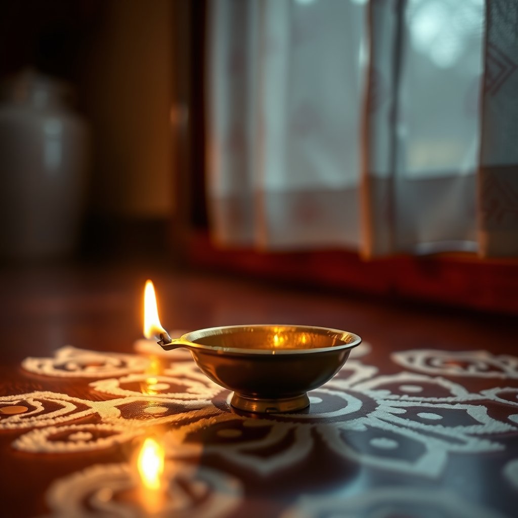 A glowing brass diya filled with golden melted ghee and a lit cotton wick in a home altar