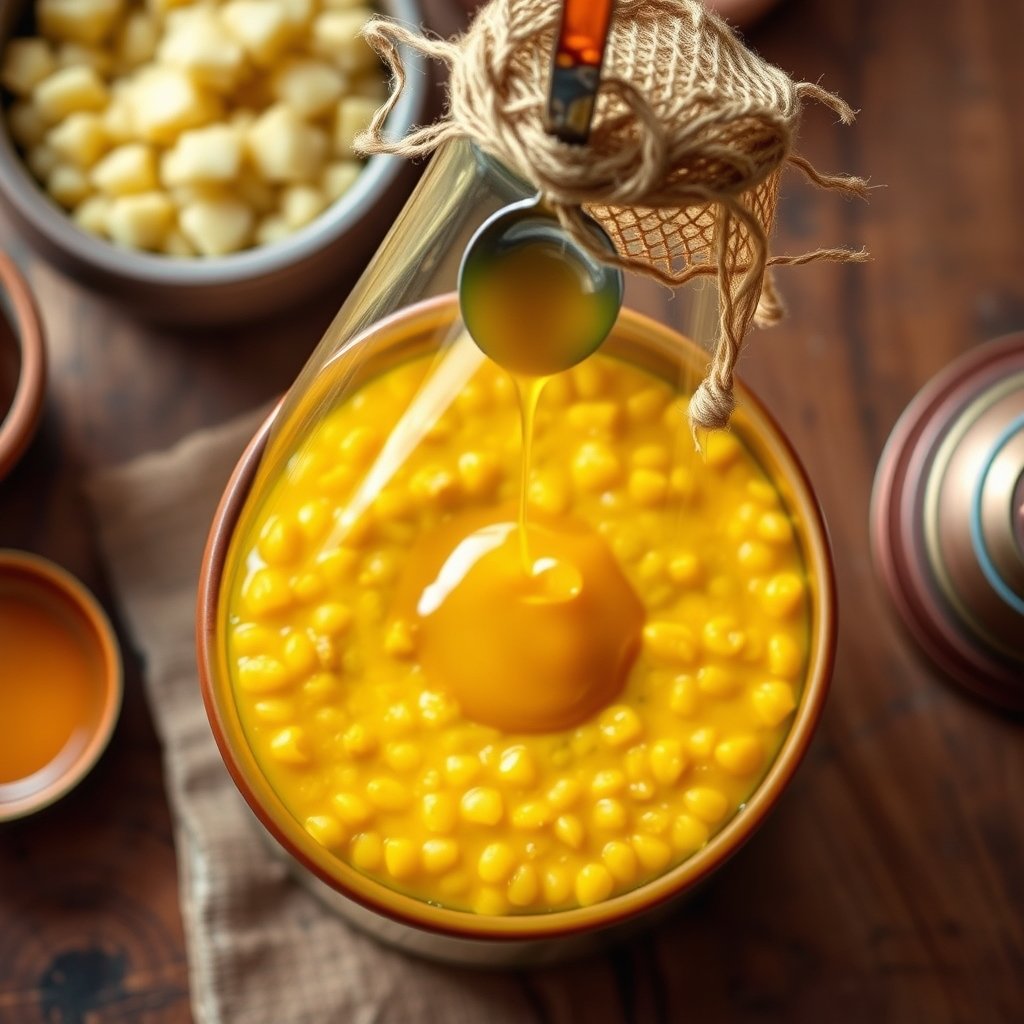 A stainless steel spoon lifting a portion of yellow moong dal khichdi with a glistening pool of melted golden ghee on top.