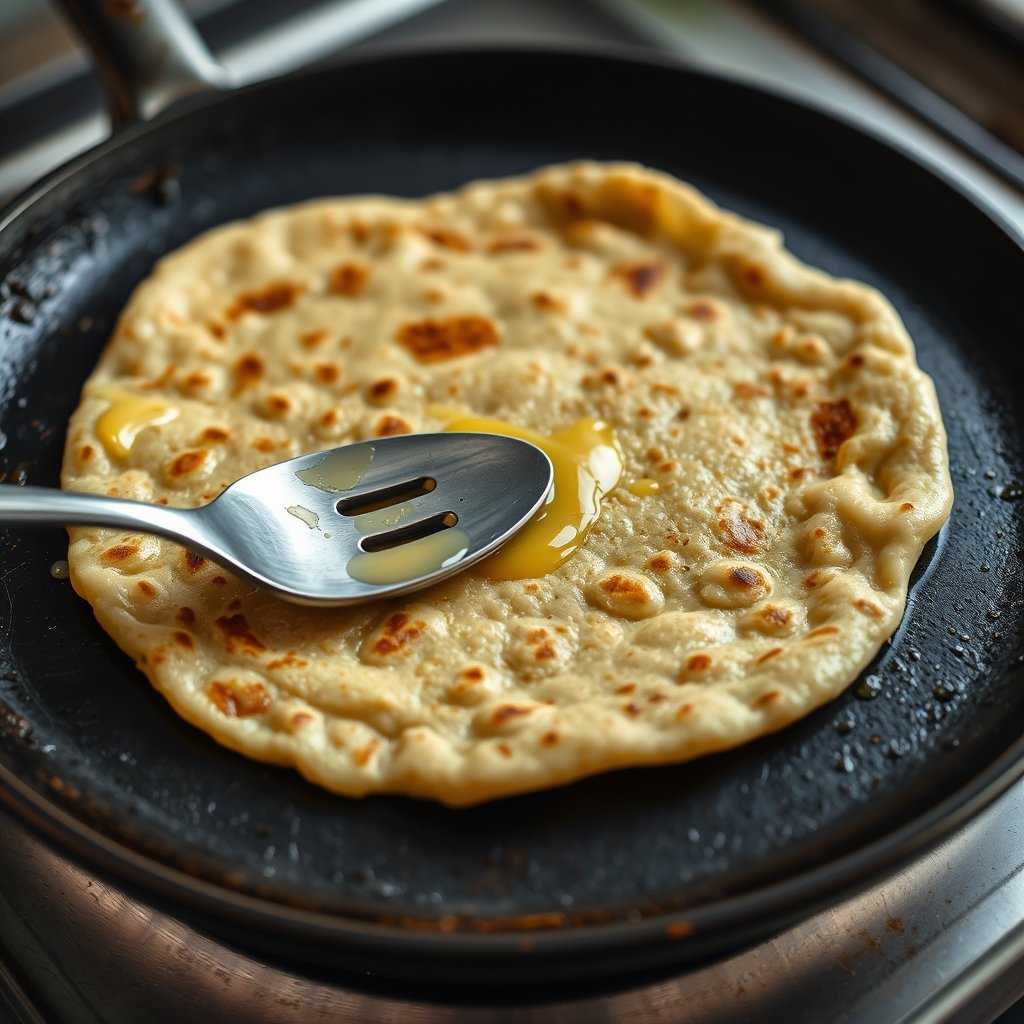 A golden stuffed paratha being brushed with warm bilona ghee on a hot cast iron tawa.