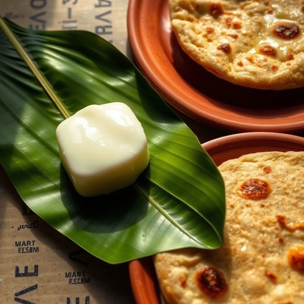 A glass jar of golden grainy bilona ghee beside an earthenware bowl of fresh white makhan on a wooden kitchen counter