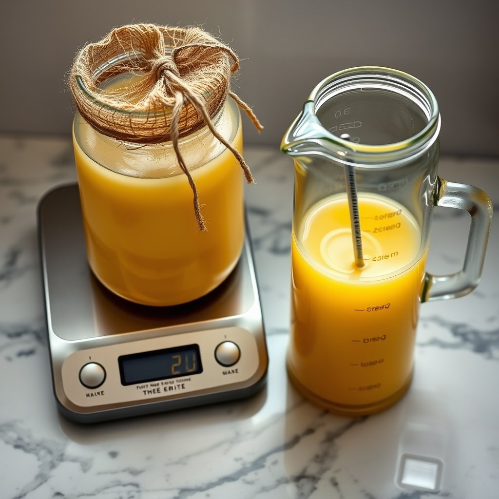 A glass jar of golden A2 Gir cow ghee placed beside a kitchen scale and a measuring cup on a wooden table.