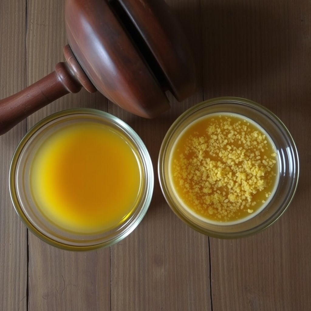 A glass jar of grainy golden ghee sitting on a wooden kitchen table next to a traditional wooden bilona churner.