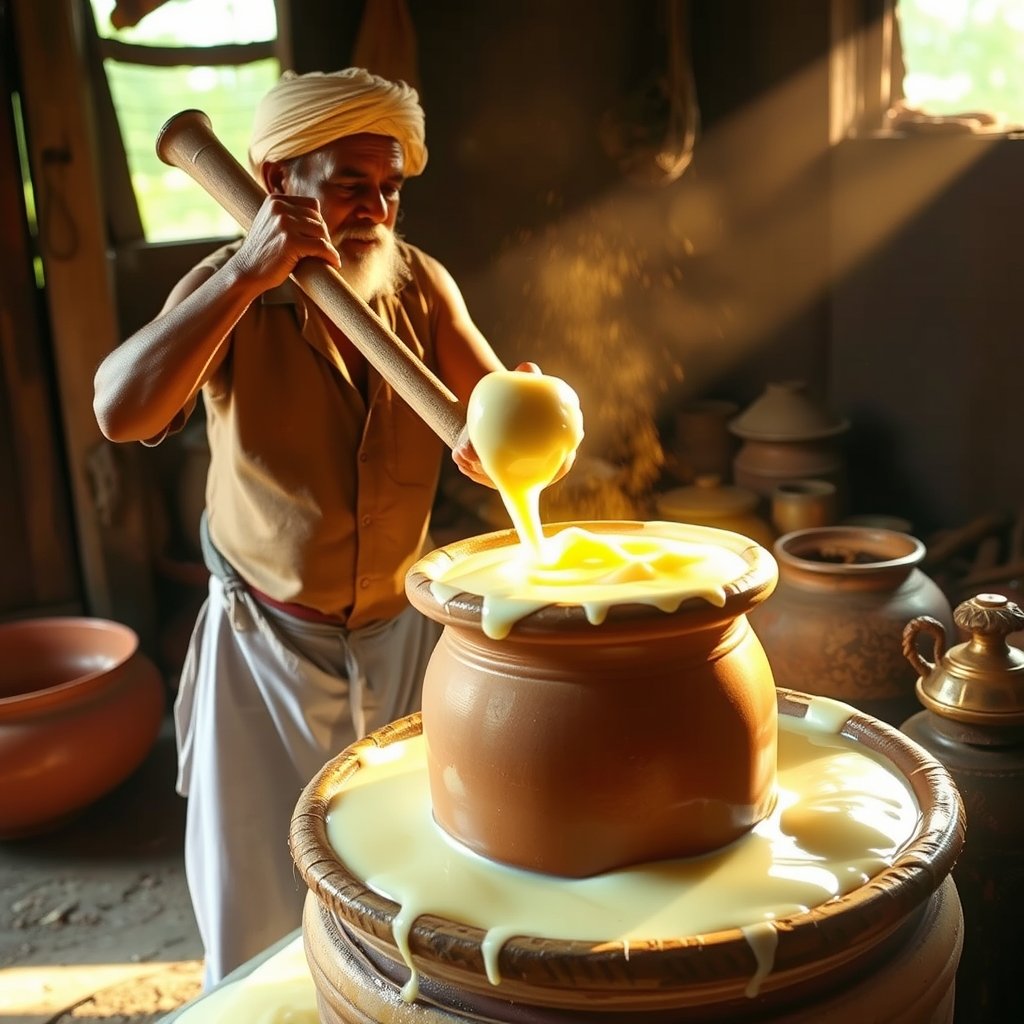 Glass jars of golden A2 Gir cow ghee placed neatly next to a wooden churner and fresh milk pitcher on a rustic kitchen counter.