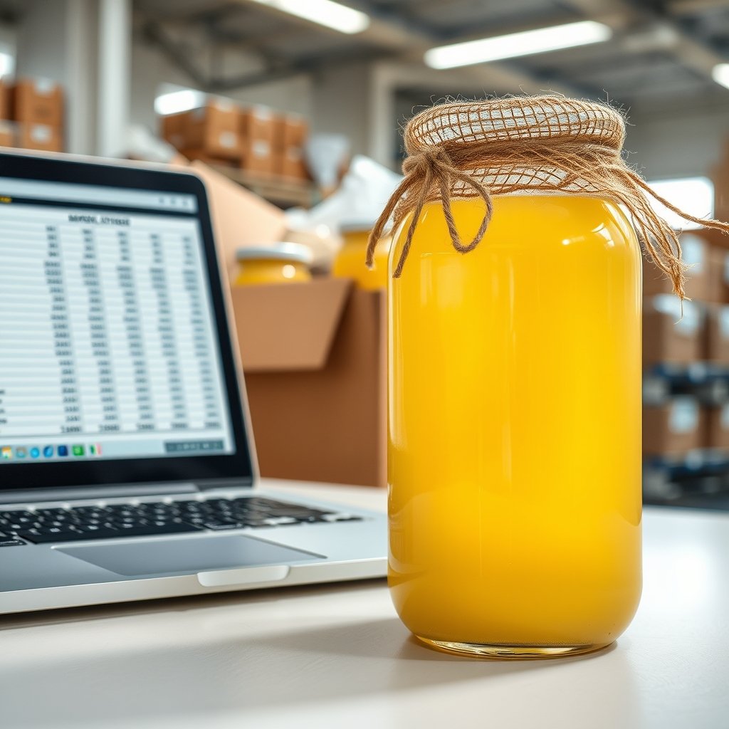 Sealed glass jar of golden A2 Gir cow bilona ghee with brand label on a wooden table