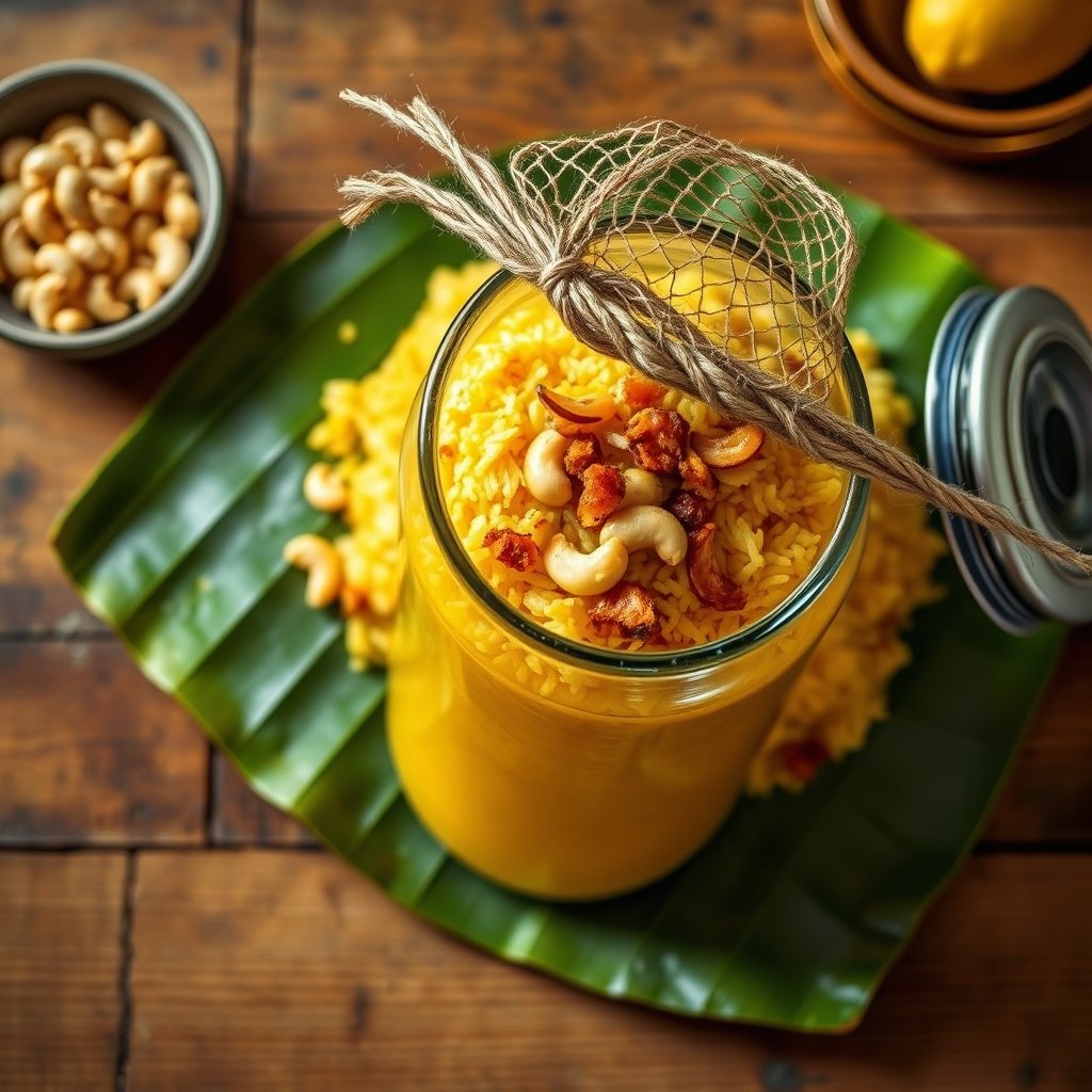 A bowl of steaming ghee rice garnished with fried cashews and raisins next to a small jar of bilona ghee