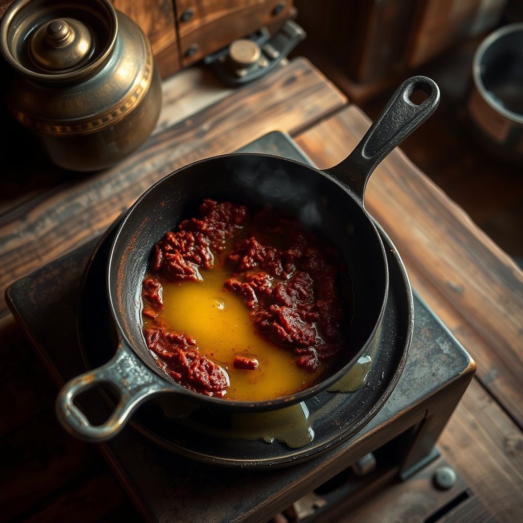 A cast iron pan with traditional chicken ghee roast coated in dark red masala and garnished with curry leaves