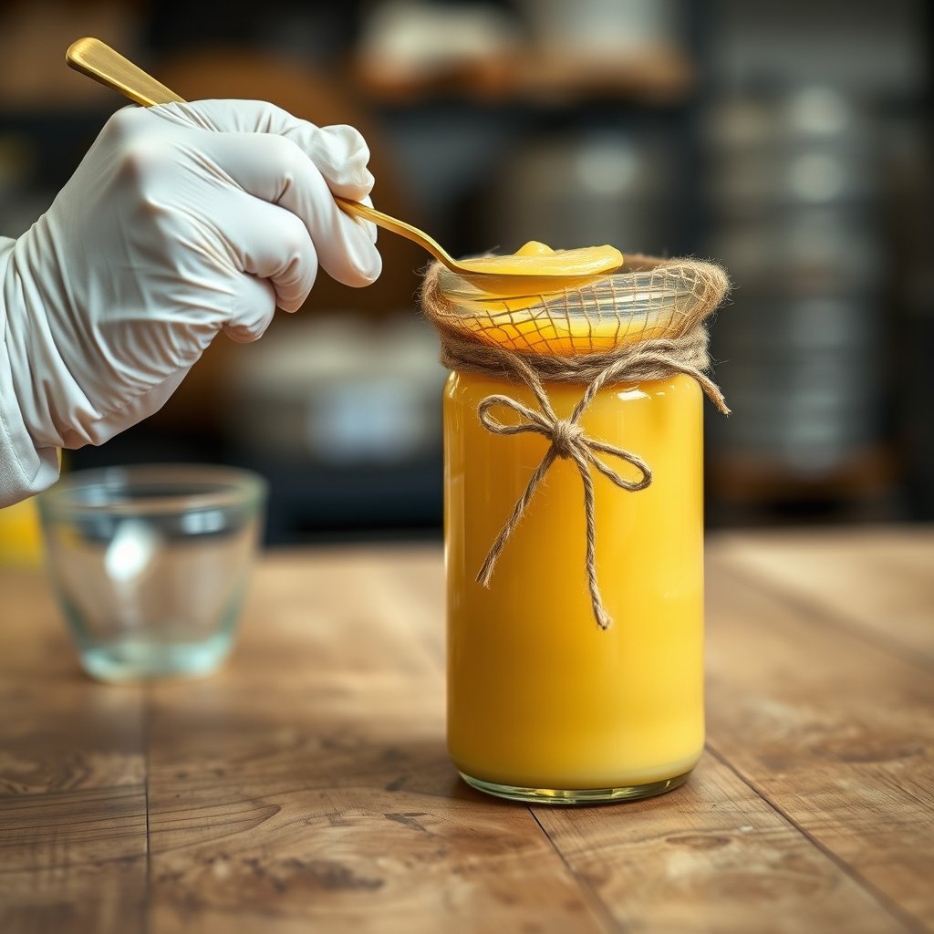 A small glass jar of golden A2 bilona ghee with a wooden spoon showing the grainy texture.