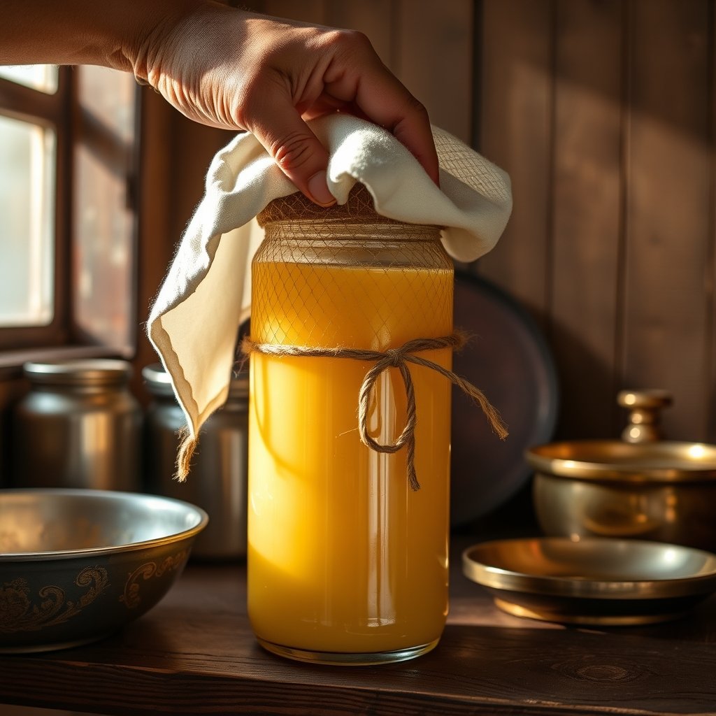 A clean, dry glass jar of golden bilona ghee sitting on a wooden pantry shelf next to dry spices, illustrating proper kitchen storage.