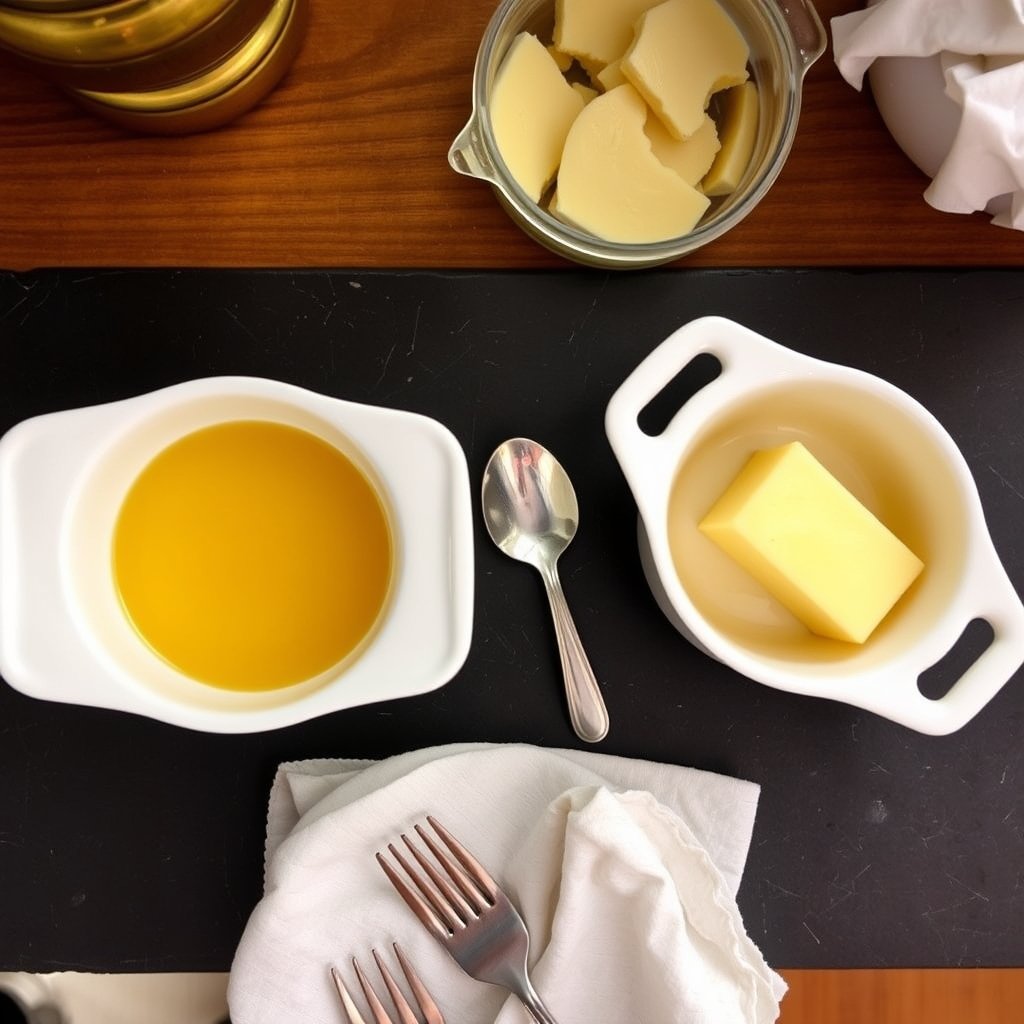 A side-by-side kitchen setup showing a golden jar of traditional granular bilona ghee next to a block of fresh dairy butter on a wooden table.