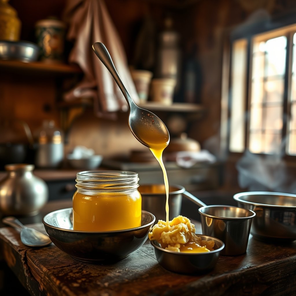 A glass jar of golden A2 Gir cow bilona ghee beside a block of fresh yellow butter on a wooden kitchen counter