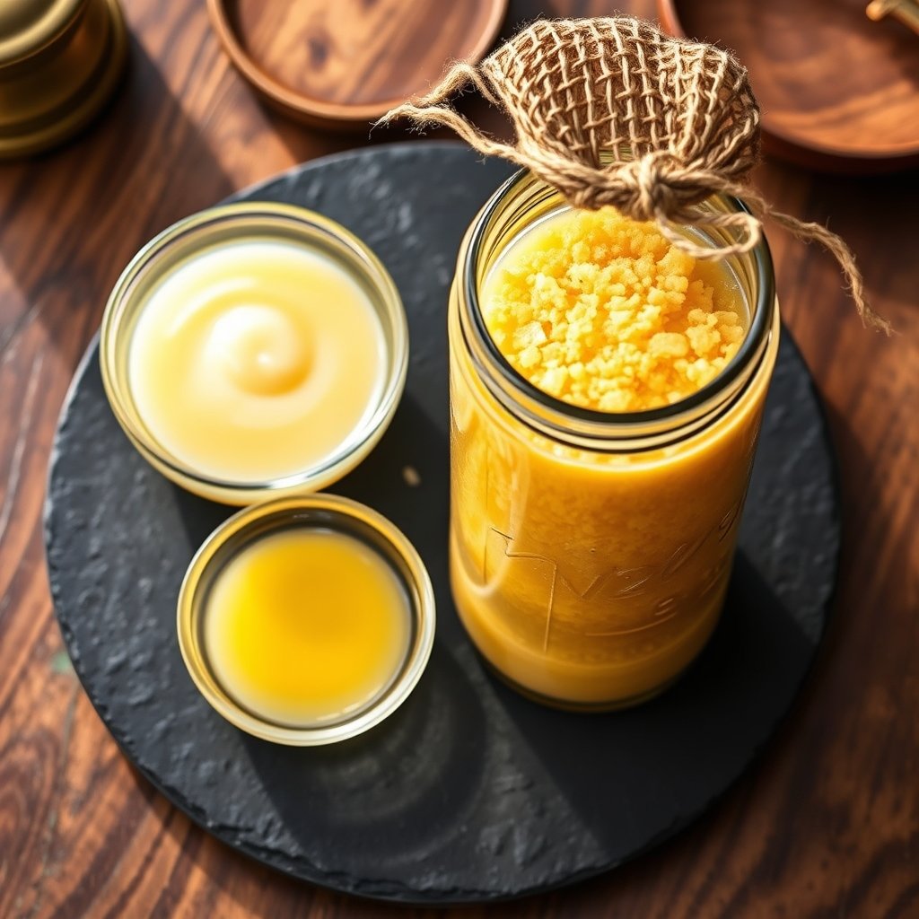 A glass jar of golden grainy A2 Gir cow ghee sitting beside a pan of simmering cultured butter on a kitchen counter