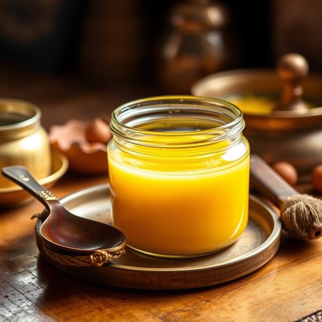 A jar of golden A2 Gir cow ghee next to a wooden bowl of cold pressed coconut oil on a wooden countertop