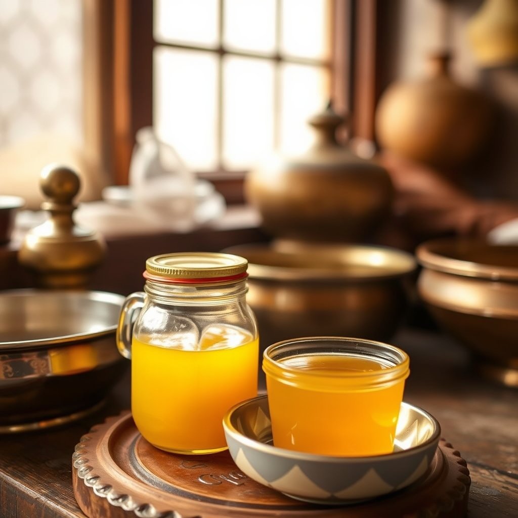 A wooden bowl of liquid golden bilona ghee beside a clear glass bottle of dark mustard oil on a rustic wooden kitchen counter