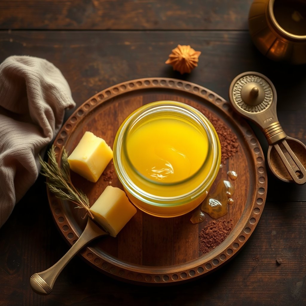 Golden A2 Gir cow bilona ghee in a glass jar resting beside a bottle of extra virgin olive oil on a wooden kitchen counter