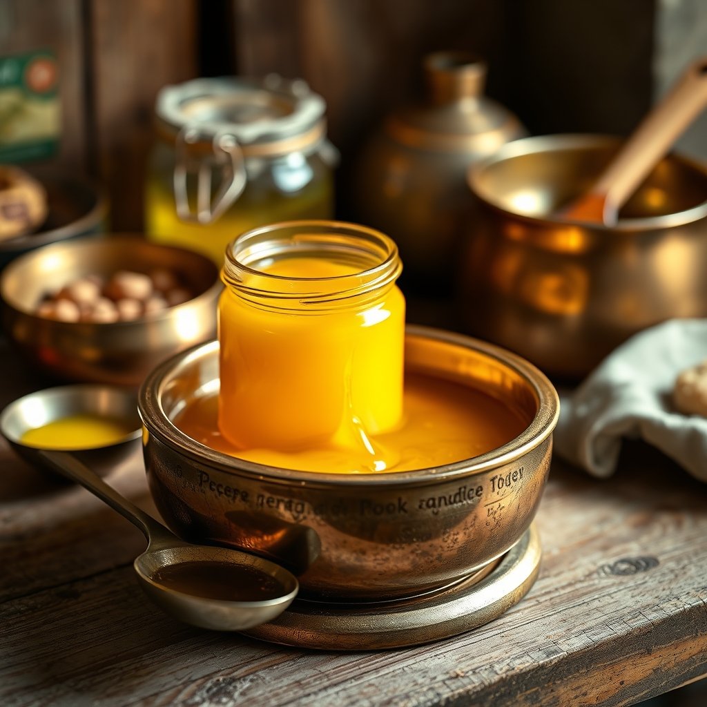 A wooden spoon dipping into a jar of golden granular A2 bilona ghee beside a pan of spices