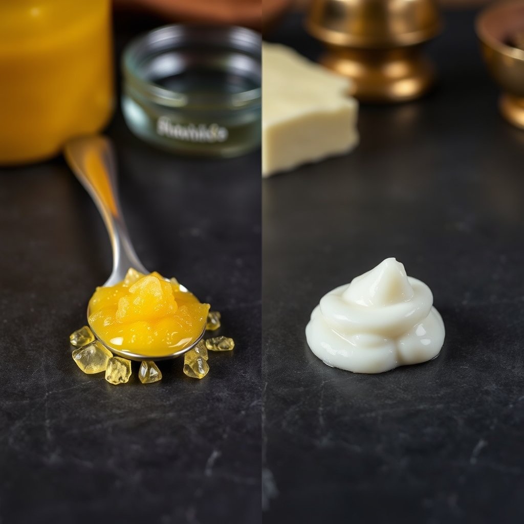 A wooden bilona churn resting beside a pot of yellow granular ghee and a bowl of fresh curd.
