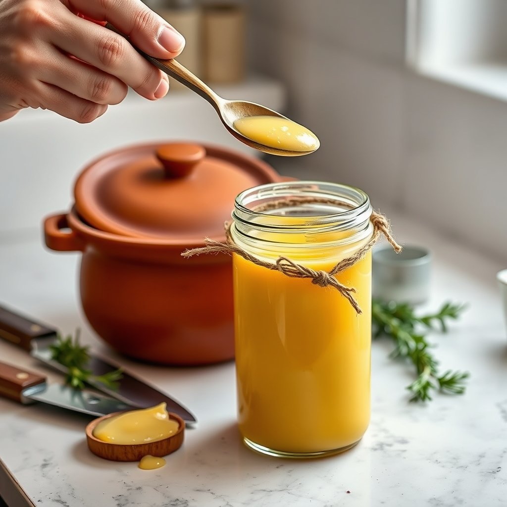 Golden A2 Gir cow bilona ghee in an artisan glass jar beside whole raw spices