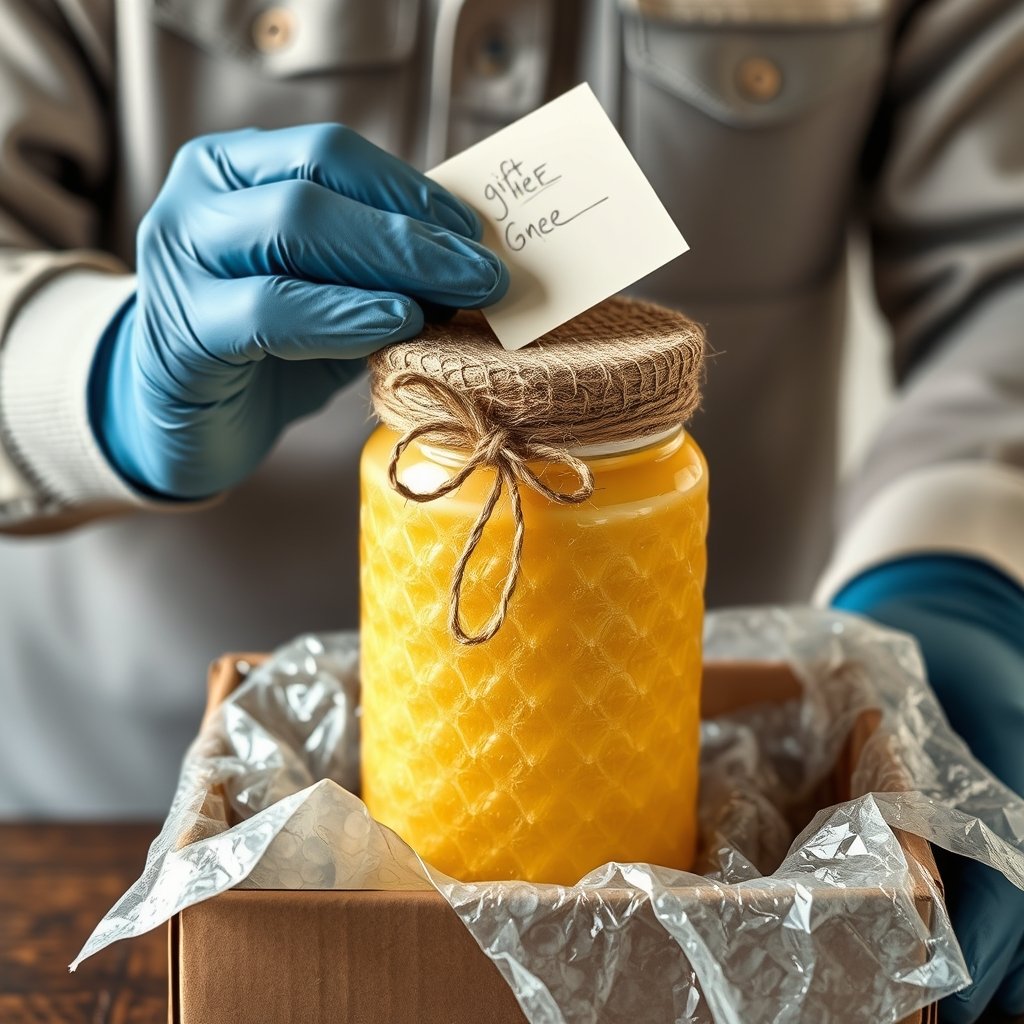 A glass jar of traditional A2 Gir cow bilona ghee packed cleanly in a gift box with a ribbon for city delivery
