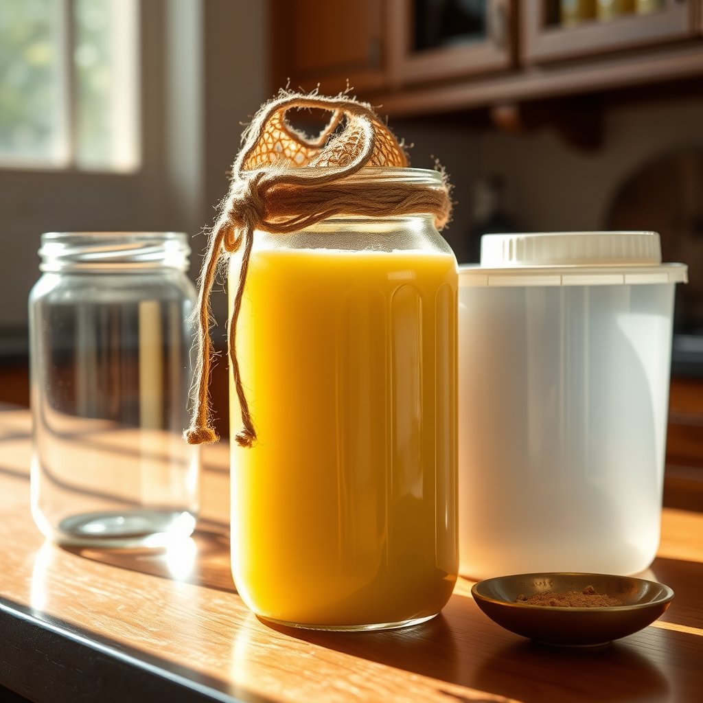 A glass jar and a stainless steel container filled with golden, granular bilona ghee on a wooden kitchen counter.
