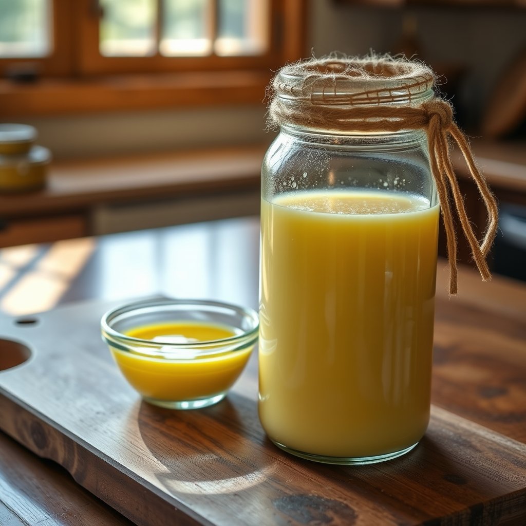 A jar of golden, granular grass-fed A2 Gir cow ghee next to fresh green pasture grass