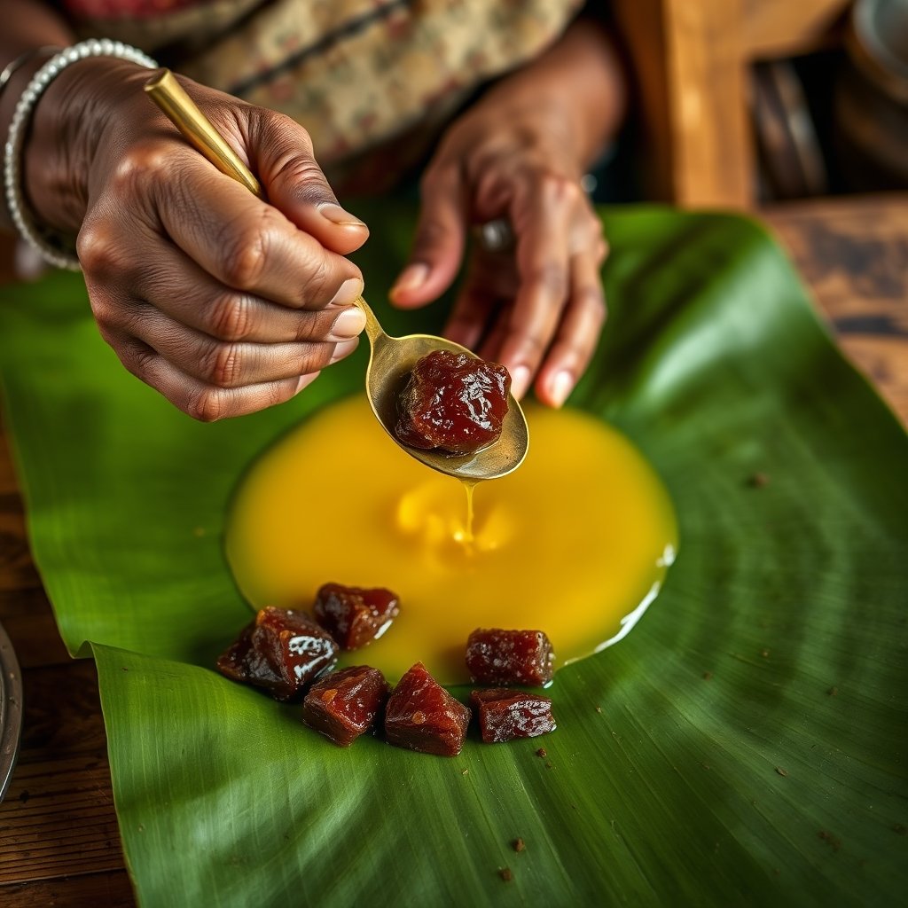 A small brass bowl with dark golden jaggery mashed into grainy yellow bilona cow ghee on a traditional dining thali