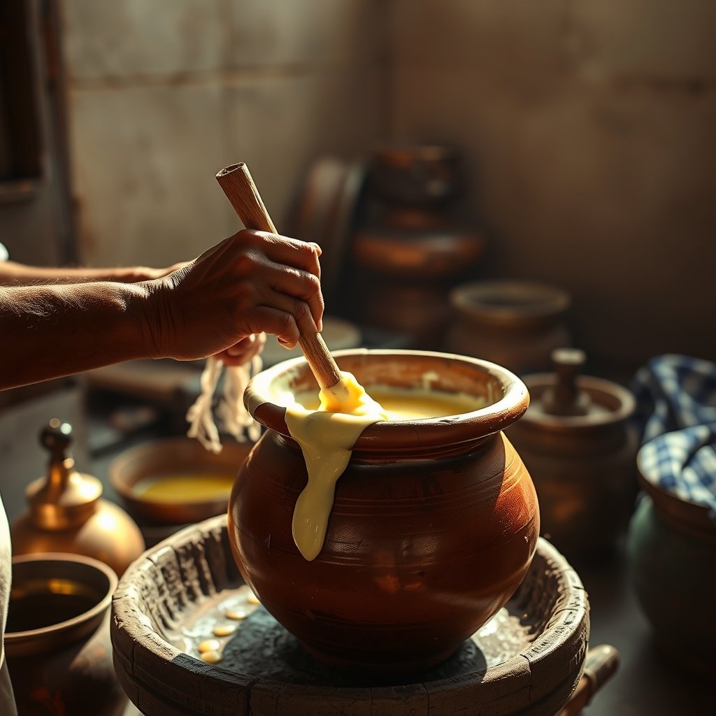 A traditional Indian brass vessel filled with golden bilona ghee alongside a wooden mathani churn.