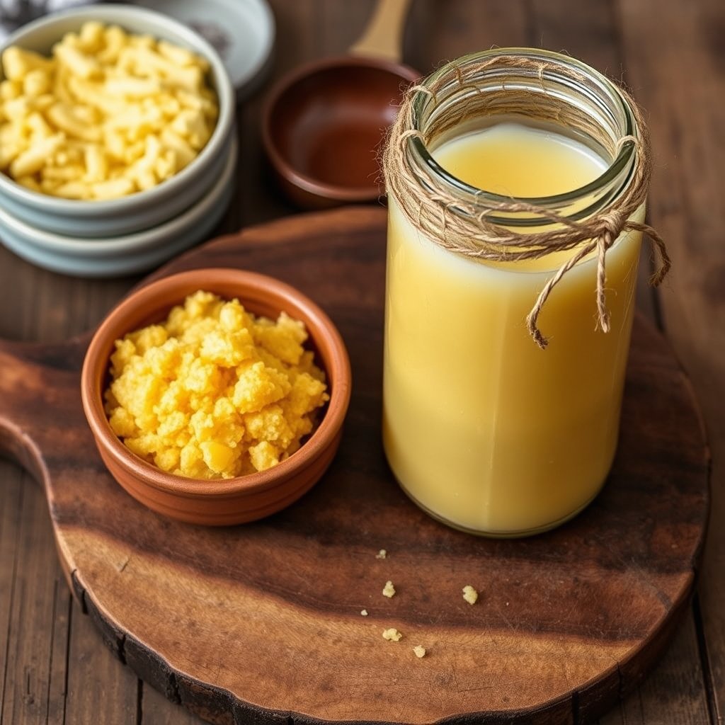 Golden, grainy bilona ghee being scooped from a traditional earthen pot with a wooden spoon.