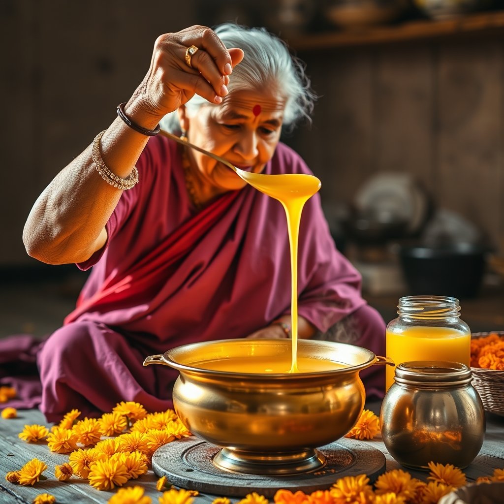A brass pot of golden bilona cow ghee placed beside marigold flowers and mango leaves at a Griha Pravesh entrance