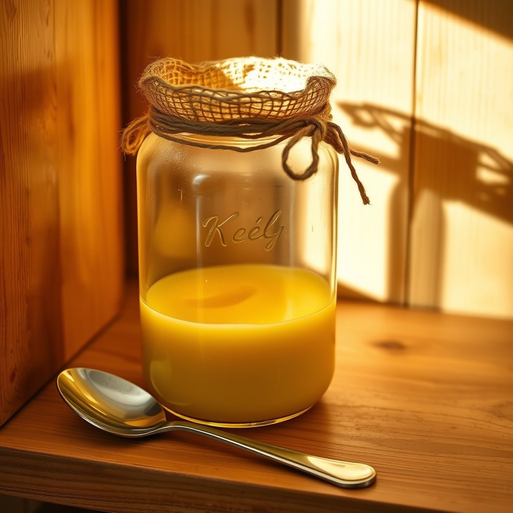 Opened glass jar of golden A2 Gir cow bilona ghee resting on a wooden kitchen counter beside a brass spoon.